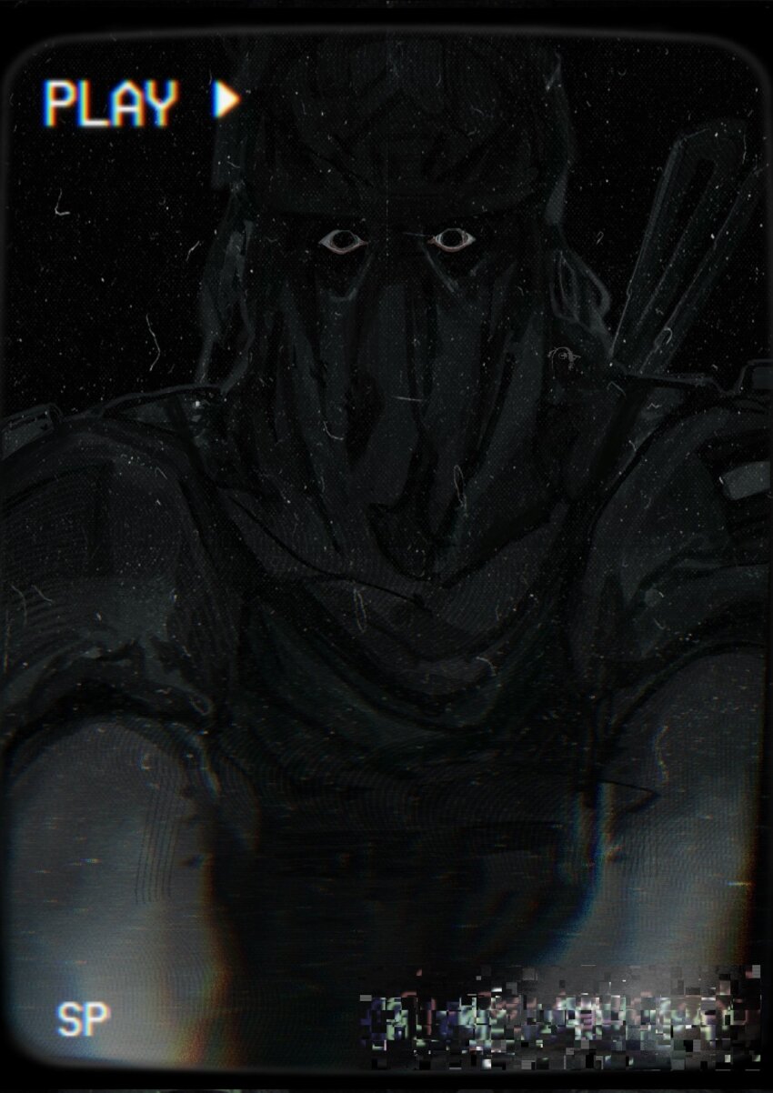 1other black_eyes call_of_duty chromatic_aberration covered_face dark english_text glitch hashtag-only_commentary highres konig_(call_of_duty) looking_at_viewer mask muscular muscular_male pov reaching reaching_towards_viewer recording seencrow shirt sleeves_rolled_up solo t-shirt upper_body wide-eyed