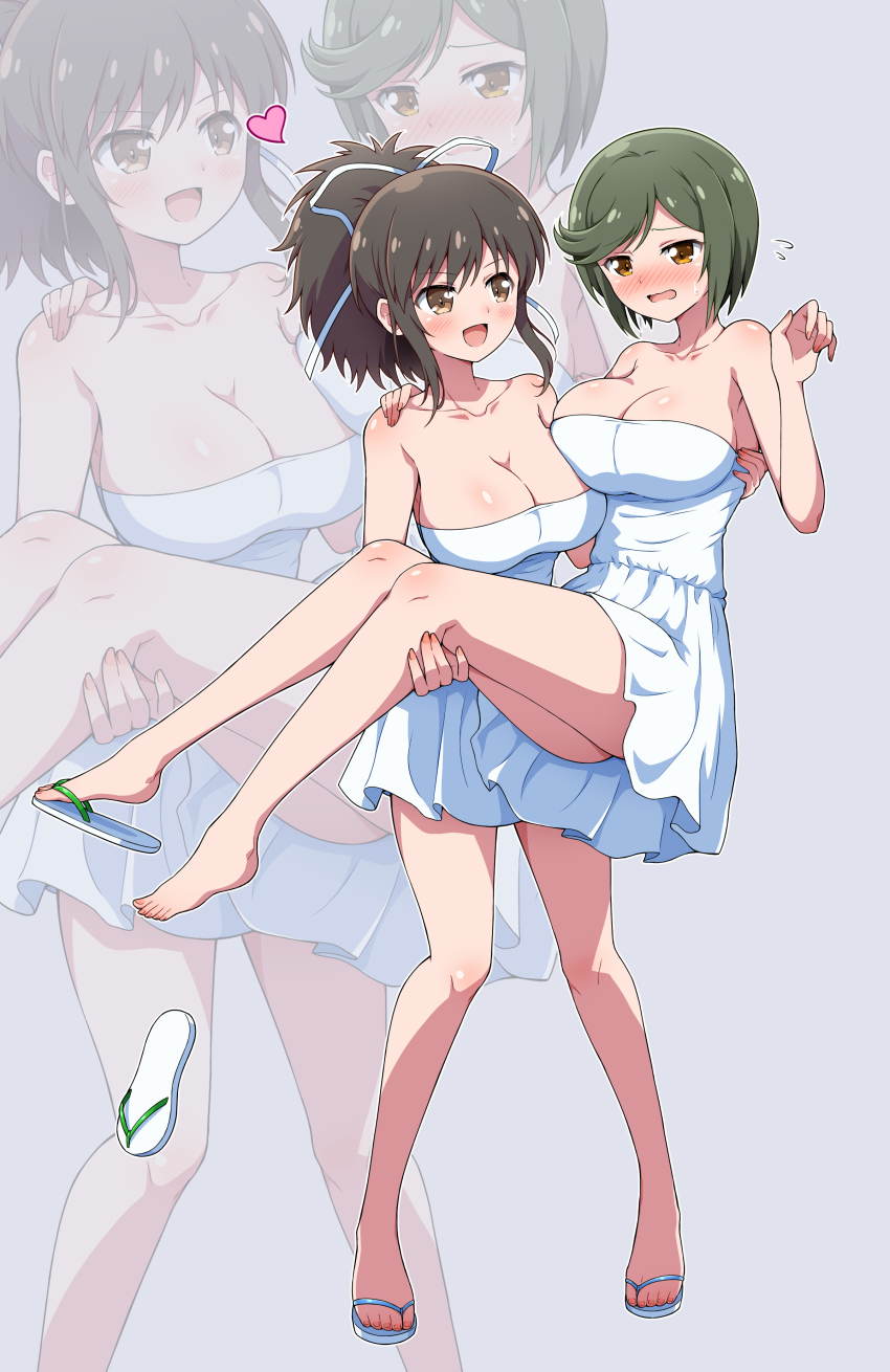 2girls absurdres asuka_(senran_kagura) bare_arms bare_shoulders blush breasts brown_eyes brown_hair carrying cleavage collarbone commission dress eggman_(ni_tamagoex) flip-flops flying_sweatdrops full_body green_hair grey_background hair_ribbon heart highres large_breasts mai_(senran_kagura) multiple_girls open_mouth ponytail princess_carry ribbon sandals senran_kagura senran_kagura_estival_versus senran_kagura_shinovi_versus short_hair sidelocks simple_background skeb_commission sleeveless sleeveless_dress smile standing thighs wavy_mouth white_dress zoom_layer