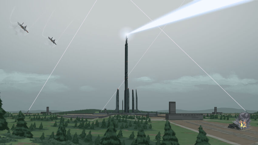 ace_combat ace_combat_zero aircraft airplane battle boxcar building cloud commentary contrail english_commentary excalibur_(ace_combat_zero) explosive f-15_eagle fighter_jet forest grey_sky highres kevincipher laser military_vehicle mountainous_horizon nature no_humans outdoors pine_tree railroad_tracks sky smoke tower tree