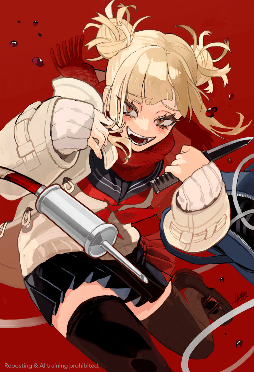 1girl black_skirt black_thighhighs blonde_hair blood blue_sailor_collar blunt_bangs boku_no_hero_academia bow cardigan double_bun fangs foreshortening hair_bun highres holding holding_knife horocca knife messy_hair needle pleated_skirt red_background red_bow red_scarf ribbed_sweater sailor_collar scarf shoes simple_background skirt slit_pupils sweater thighhighs toga_himiko yellow_cardigan yellow_eyes