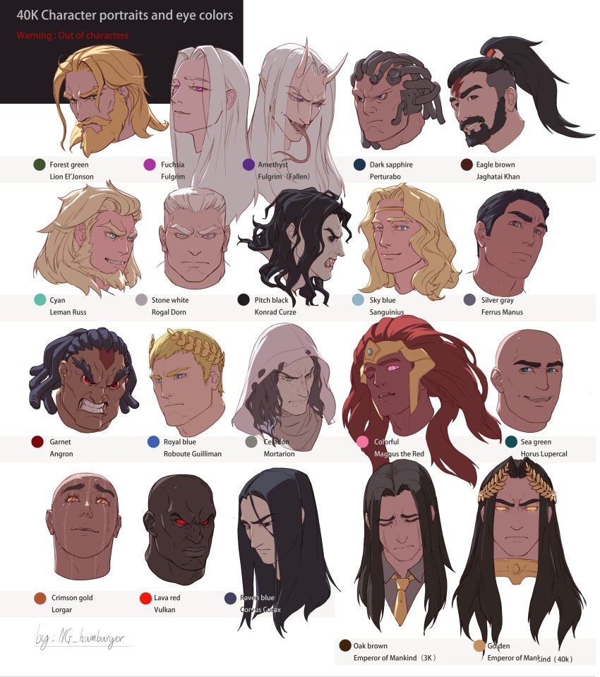absurdres angron aqua_eyes armor artist_name bald beard black_eyes black_hair black_legion blank_eyes blonde_hair blood_angels blue_eyes brown_eyes brown_hair cable closed_eyes colored_sclera corvus_corax_(warhammer) crown crying crying_with_eyes_open dark_angels dark_skin death_guard demon_horns demon_primarch emperor&#039;s_children emperor_of_mankind english_text facial_hair facial_tattoo fangs ferrus_manus forked_tongue fulgrim furrowed_brow gem glowing glowing_eyes goatee gold_armor green_eyes green_gemstone grey_eyes grey_hair headband high_ponytail highres hood horns horus_lupercal huge_eyebrows imperial_fists imperium_of_man iron_hands_(warhammer) iron_warriors jaghatai_khan konrad_curze laurel_crown leman_russ long_hair looking_afar looking_ahead looking_at_viewer looking_down looking_to_the_side looking_up lorgar_aurelian male_focus medium_hair missing_eye mortarion mustache necktie ng_hamburger night_lords no_eyebrows no_pupils open_mouth orange_eyes pale_skin perturabo pink_eyes pointy_ears ponytail portrait power_armor primarch purple_eyes raven_guard red_eyes red_hair red_sclera roboute_guilliman rogal_dorn salamanders_(warhammer) sanguinius scarf sharp_teeth short_hair side_cut signature simple_background skinny smile space_wolves sparkling_eyes straight_hair tan tattoo tears teeth thick_eyebrows thousand_sons tongue topknot ultramarines vulkan warhammer_40k wavy_hair white_background white_hair white_scars word_bearers world_eaters