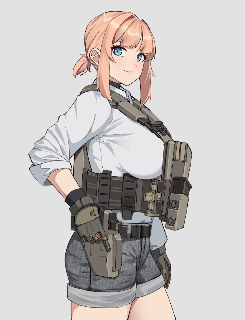 1girl absurdres blonde_hair blue_eyes breasts from_side gar32 gloves grey_background grey_gloves grey_shorts gun handgun highres holster large_breasts looking_at_viewer original shirt shorts smile solo tactical_clothes thigh_holster weapon white_shirt