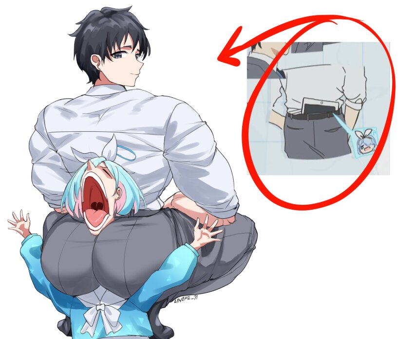 1boy 1girl arona_(blue_archive) ash_baby_(meme) ass black_hair blue_archive blue_archive_the_animation blue_hair blue_shirt bow bowtie broly_culo_(meme) closed_mouth collared_shirt colored_inner_hair commentary english_commentary face_in_ass full_body grey_eyes grey_pants highres ipad long_sleeves looking_at_viewer looking_back male_focus meme multicolored_hair open_mouth pants pink_hair red_arrow_and_circle_(meme) ryo_(ryo_artys) sailor_collar sensei_(blue_archive) sensei_(blue_archive_the_animation) shirt short_hair shouting simple_background sleeves_rolled_up smile squatting tablet_pc teeth two-tone_hair uvula white_background white_bow white_bowtie white_sailor_collar white_shirt