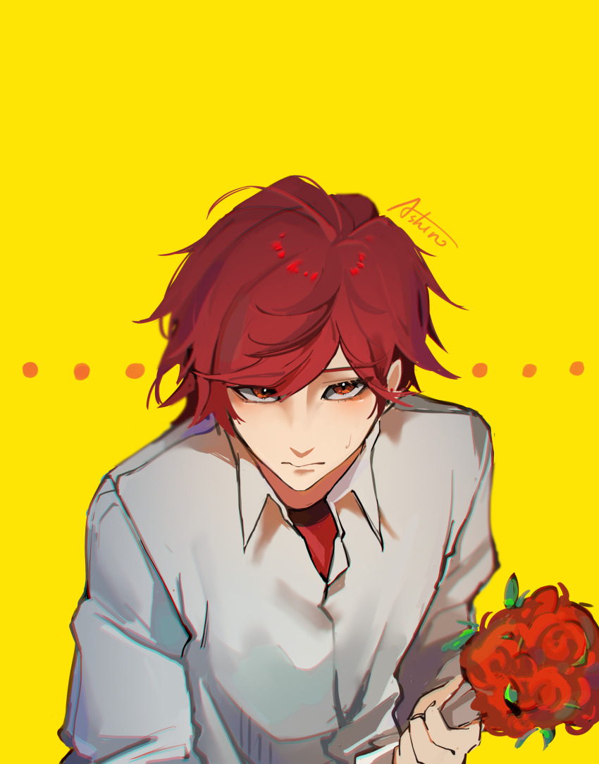 ... 1boy absurdres artist_name ashino333333 bouquet collared_shirt dress_shirt flower gekkan_shoujo_nozaki-kun highres holding holding_bouquet long_sleeves looking_at_viewer male_focus mikoshiba_mikoto parted_bangs red_eyes red_flower red_hair red_rose red_shirt rose shirt shirt_under_shirt short_hair signature small_sweatdrop solo white_shirt
