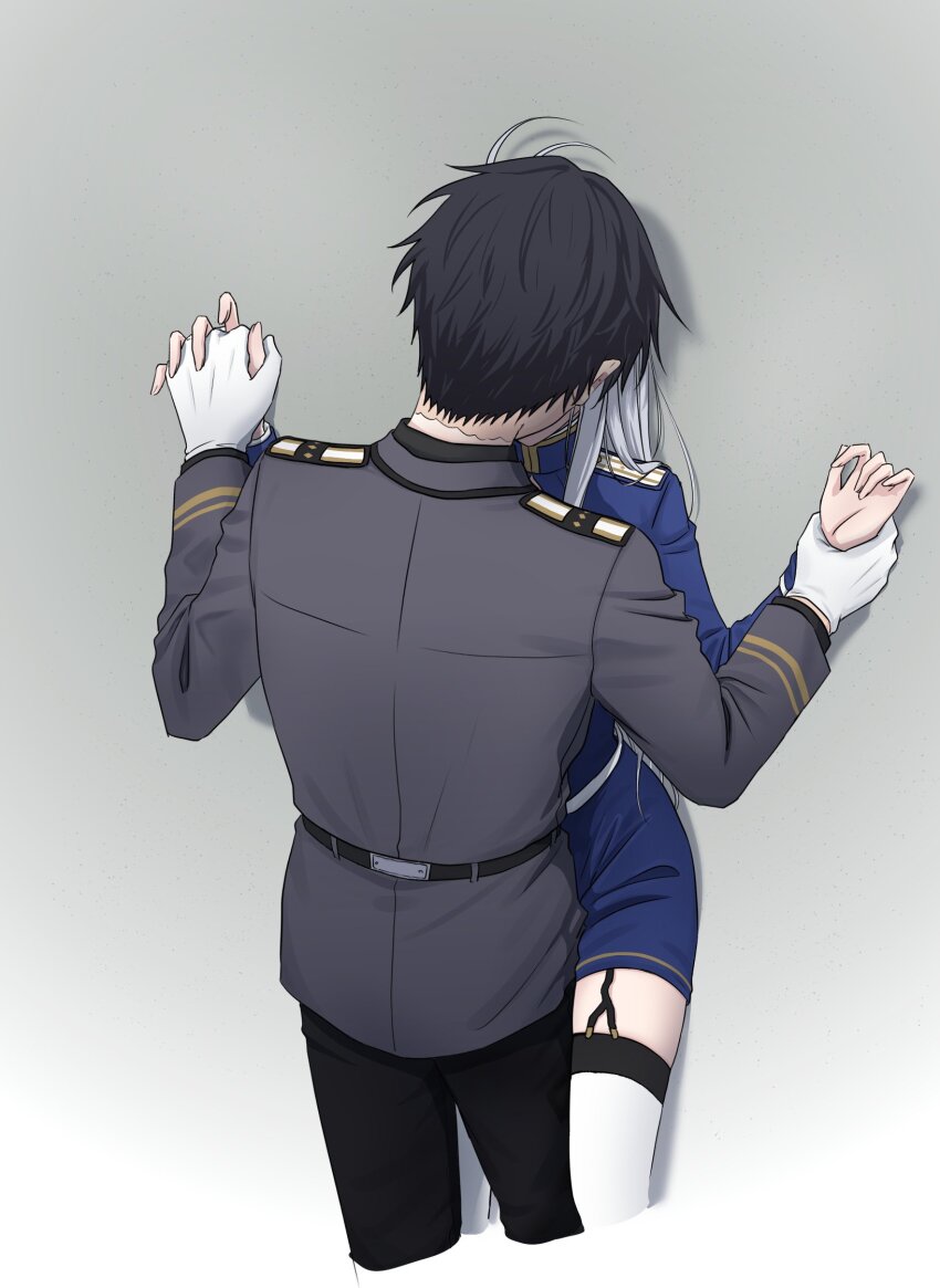 1boy 1girl 86_-eightysix- brown_hair chika_0086 couple gloves highres holding_hands jacket kiss military military_jacket military_uniform shinei_nouzen vladilena_millize white_hair