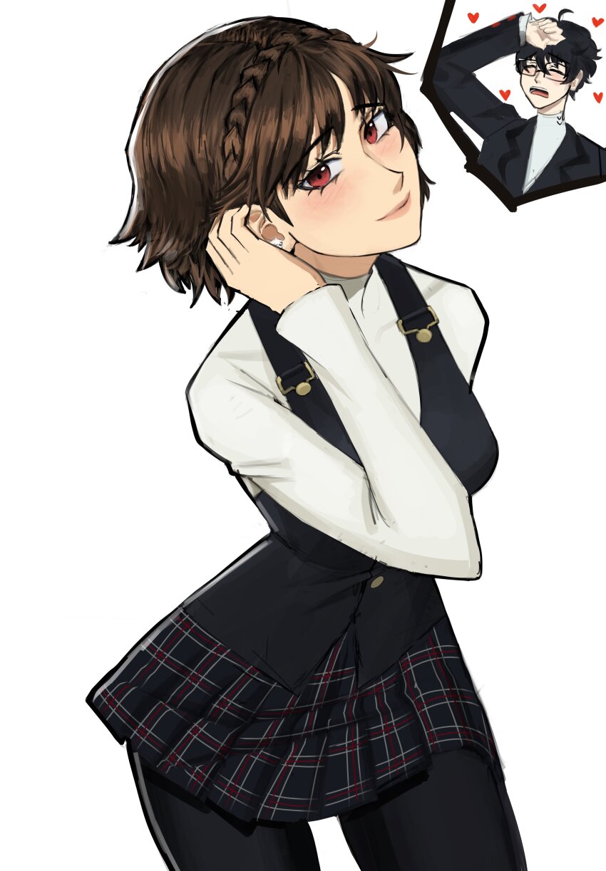 1boy 1girl absurdres adjusting_hair amamiya_ren arm_up black_hair black_jacket black_pantyhose blush braid brown_hair chaosoded closed_eyes closed_mouth commentary cowboy_shot crown_braid earrings english_commentary glasses glint heart highres jacket jewelry long_sleeves looking_at_viewer miniskirt niijima_makoto open_mouth panda_earrings pantyhose persona persona_5 pink_lips pleated_skirt red_eyes school_uniform short_hair shuujin_academy_school_uniform simple_background skirt smile stud_earrings sweater turtleneck turtleneck_sweater upper_body white_background white_sweater