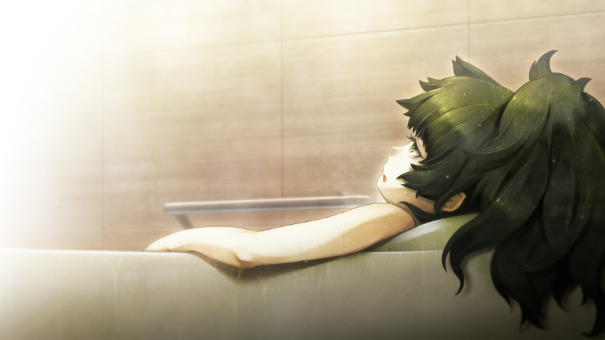 1girl bathing bathroom fainting game_cg green_eyes green_hair highres hiyajou_maho indoors long_hair lying messy_hair nude petite steam steins;gate steins;gate_0 wet