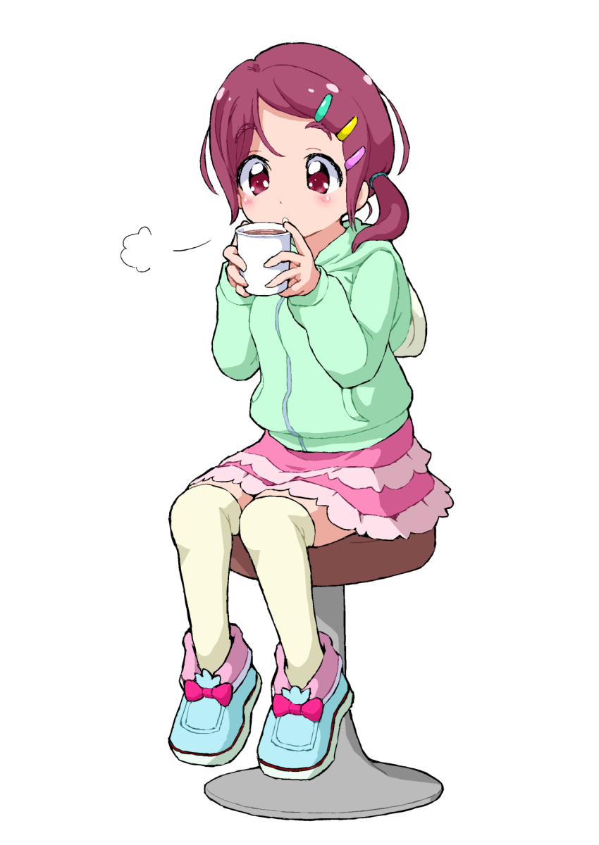 1girl blue_shoes cup drink full_body green_jacket hair_ornament hairclip highres holding holding_cup hood hood_down hooded_jacket hugtto!_precure jacket long_hair long_sleeves low_twintails mug nono_kotori on_stool parted_bangs parted_lips pink_eyes pink_hair pink_skirt precure puff_of_air shoes simple_background sitting skirt sneakers solo thighhighs twintails white_background yakizakana10967 yellow_thighhighs