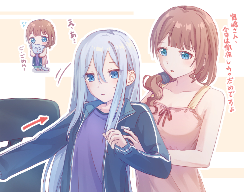 2girls arrow_(symbol) blue_eyes blue_jacket blue_shirt breasts brown_hair chibi collarbone dress grey_hair hair_between_eyes hair_ornament hair_over_shoulder hair_scrunchie highres holding jacket long_hair long_sleeves low_ponytail mochizuki_honami multiple_girls open_clothes open_jacket parted_lips pink_shirt ponytail project_sekai sami_kura scrunchie shirt sleeveless sleeveless_dress very_long_hair yoisaki_kanade
