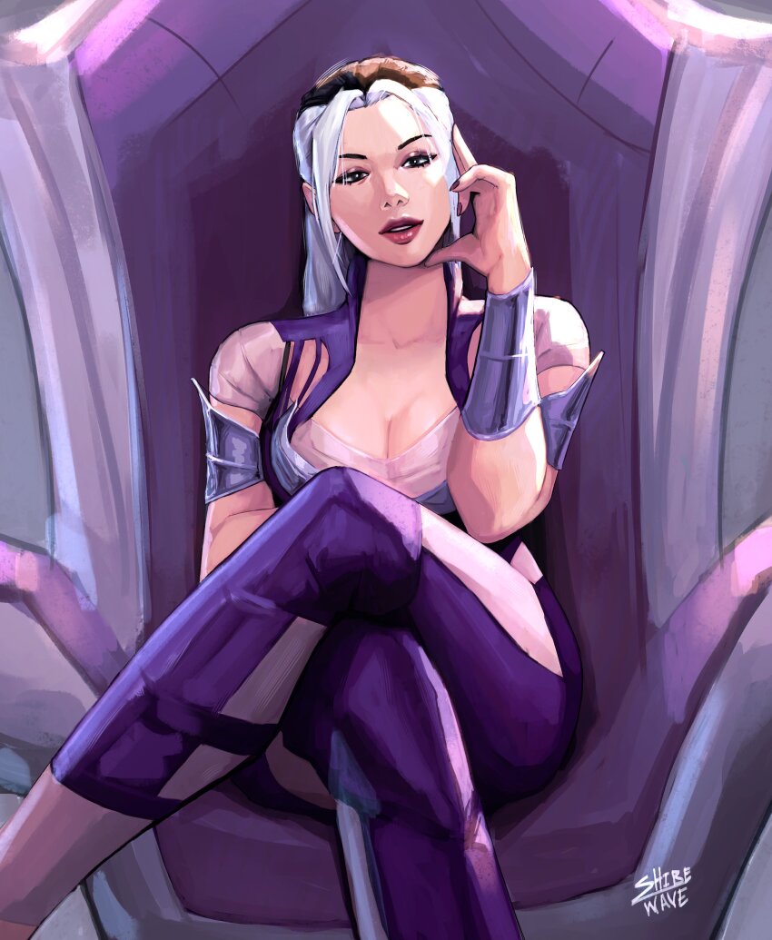 1girl absurdres armlet black_hair bodysuit breasts cleavage crossed_legs highres jewelry large_breasts long_hair mortal_kombat_(series) mortal_kombat_1_(2023) multicolored_hair parted_lips purple_bodysuit shibewave sindel sitting solo two-tone_hair