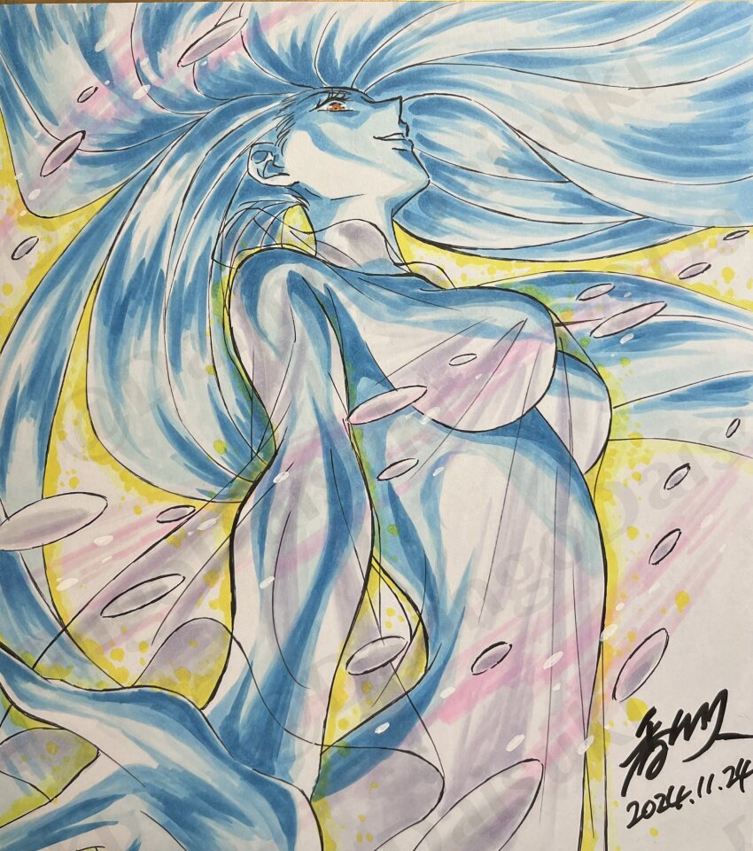 1girl artist_name blue_hair blue_skin breasts character_request colored_skin copyright_request dated grin highres kagawa_hisashi long_hair marker_(medium) orange_eyes see-through_clothes signature smile solo traditional_media twitter_username upper_body very_long_hair watermark