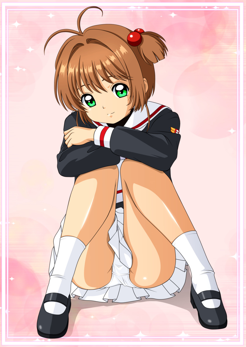 1girl antenna_hair black_footwear brown_hair cardcaptor_sakura crossed_arms full_body green_eyes hair_bobbles hair_ornament highres hugging_own_legs kinomoto_sakura loli long_sleeves looking_at_viewer mary_janes miniskirt moemaru_miyako panties pantyshot pink_background pleated_skirt retro_artstyle school_uniform serafuku shoes short_hair sitting skirt smile socks solo tomoeda_elementary_school_uniform underwear white_panties white_skirt white_socks