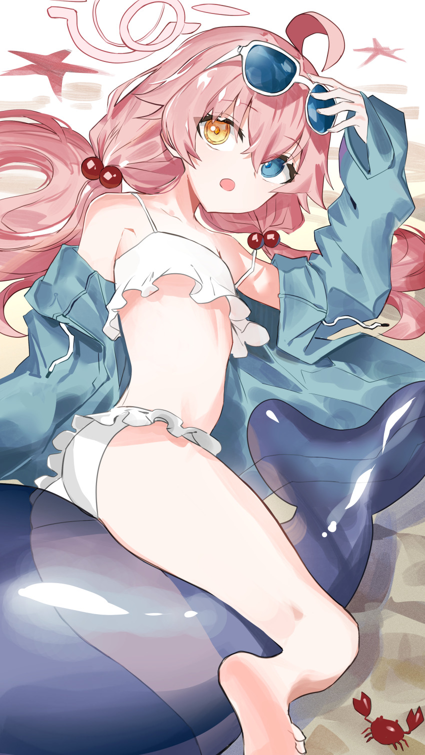 1girl absurdres ahoge ass bikini blue_archive blue_jacket commentary_request crab eyewear_on_head flat_chest frilled_bikini frills hair_ornament halo heterochromia highres hoshino_(blue_archive) hoshino_(swimsuit)_(blue_archive) inflatable_toy inflatable_whale jacket kneepits low_twintails navel open_clothes open_jacket pink_hair pink_halo ryoma_(rym_369) sidelocks soles solo starfish swimsuit twintails white_bikini