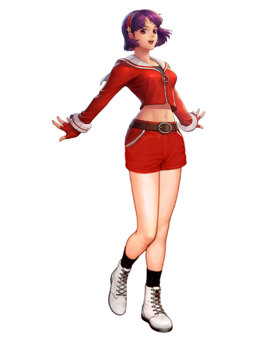 1girl asamiya_athena breasts earrings female_focus gloves hairband highres jacket jewelry large_breasts leg_up looking_at_viewer open_mouth pale_skin pants purple_eyes purple_hair shoes short_hair shorts socks standing star_(symbol) the_king_of_fighters thick_thighs thighs wide_hips