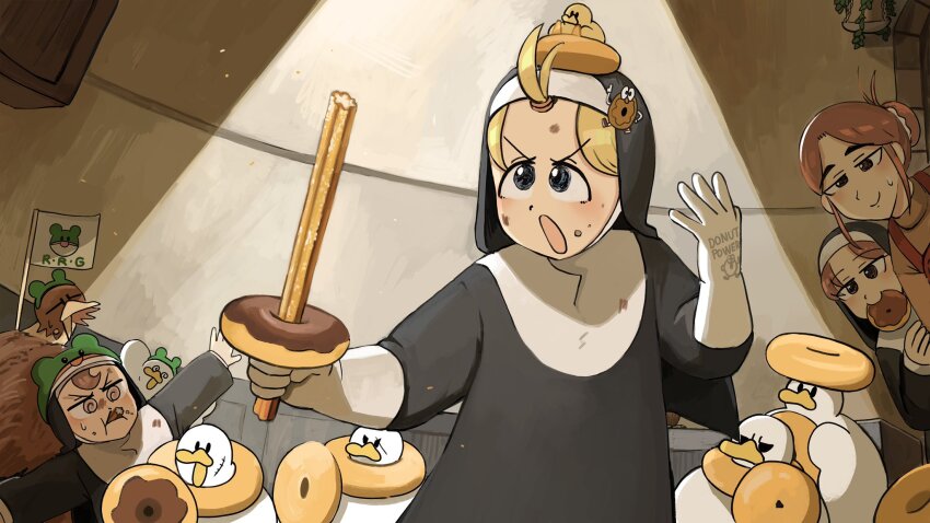 4girls :o @_@ bird blonde_hair blue_eyes brown_eyes brown_hair chicken clumsy_nun_(diva) commentary diva_(hyxpk) donut donut_hair_ornament duck duckling eating english_commentary food food-themed_hair_ornament frog_headband froggy_nun_(diva) gloves habit hair_ornament hanging_plant highres hungry_nun&#039;s_mother_(diva) hungry_nun_(diva) little_nuns_(diva) multiple_girls nun ostrich rubber_gloves slice_of_life traditional_nun white_gloves