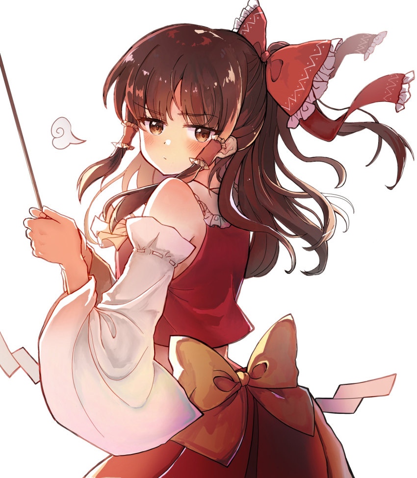 1girl agedashi ascot blonde_hair blush bow brown_hair detached_sleeves frills hair_bow hair_tubes hakurei_reimu highres japanese_clothes long_hair nontraditional_miko red_bow ribbon shirt short_hair simple_background skirt smile solo touhou white_background