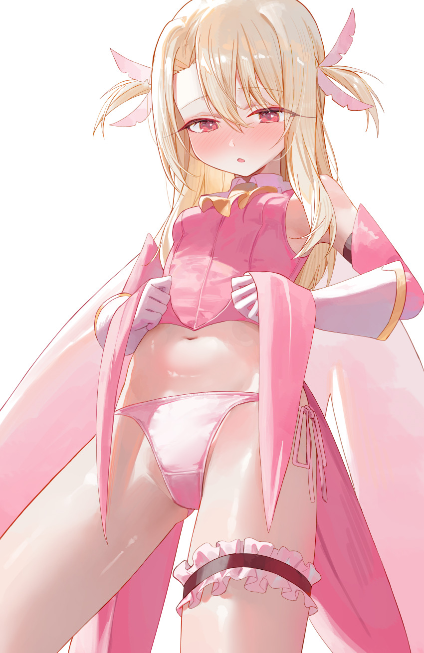 1girl absurdres blonde_hair blush breasts dress fate/kaleid_liner_prisma_illya fate_(series) feathers frilled_thigh_strap gloves highres illyasviel_von_einzbern kaze_22 lifting_own_clothes long_hair magical_girl navel panties prisma_illya small_breasts solo thigh_strap two_side_up underwear white_gloves