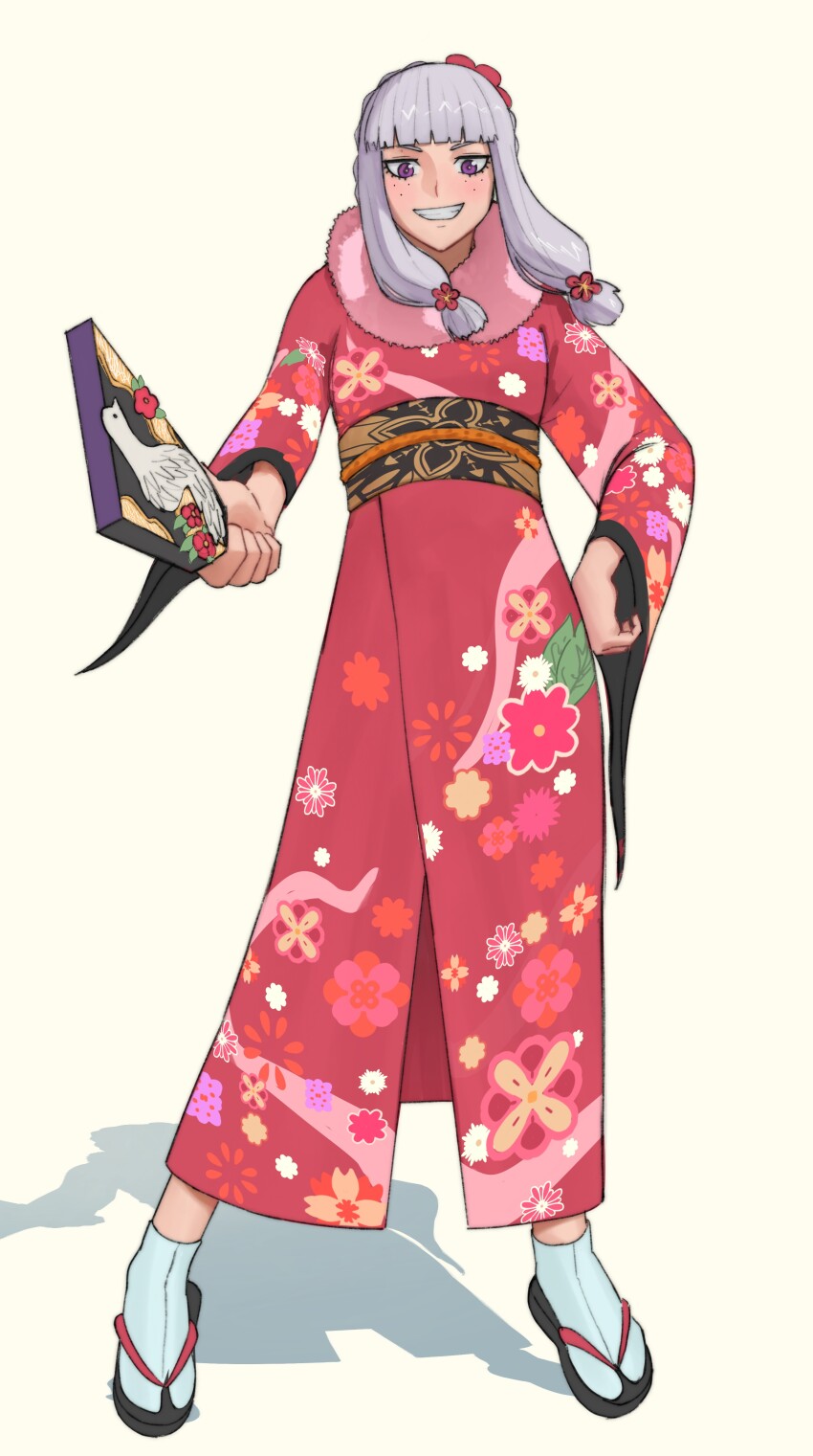 1girl absurdres agria_(new_year)_(tales) agria_(tales) black_sandals blunt_bangs braid commission floral_print flower flower_pin freckles grin hagoita hair_flower hair_ornament hand_on_own_hip highres japanese_clothes kimono long_hair looking_at_viewer obi obijime paddle pointing pointing_at_viewer pplord purple_eyes red_kimono sandals sash shadow sidelocks simple_background smile solo tabi tales_of_(series) tales_of_asteria tales_of_xillia white_hair