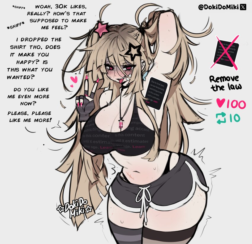 1girl absurdres arm_up artist_name asymmetrical_legwear bare_shoulders bite_mark bite_mark_on_arm bite_mark_on_leg black_bra black_gloves black_panties black_shorts black_thighhighs blonde_hair blush body_freckles bra breasts butterfly_earrings censored censored_armpit cleavage commentary cowboy_shot curvy dokidomiki dolphin_shorts double-parted_bangs earrings english_commentary english_text fingerless_gloves fingernails freckles gauze gauze_on_cheek gauze_on_face glasses gloves grey_gloves hair_between_eyes hair_ornament hand_up heart highleg highleg_panties highres jewelry large_breasts leaning_forward long_fingernails long_hair long_hair_between_eyes looking_at_viewer makeup mascara messy_hair mismatched_legwear mole mole_on_breast mole_on_shoulder mole_on_stomach mole_under_mouth nail_polish navel novelty_censor open_mouth original panties pink_eyes pink_nails raised_inner_eyebrows round_eyewear runny_makeup scar scar_on_stomach short_shorts shorts simple_background smile solo star_(symbol) star_hair_ornament stomach striped_clothes striped_gloves striped_thighhighs sweat syringe_necklace talking tearing_up tears thigh_freckles thighhighs thighs tongue tongue_out twitching due_to_local_laws twitter_strip_game twitter_username twitter_x_logo two-tone_gloves underwear v white_background wide_hips