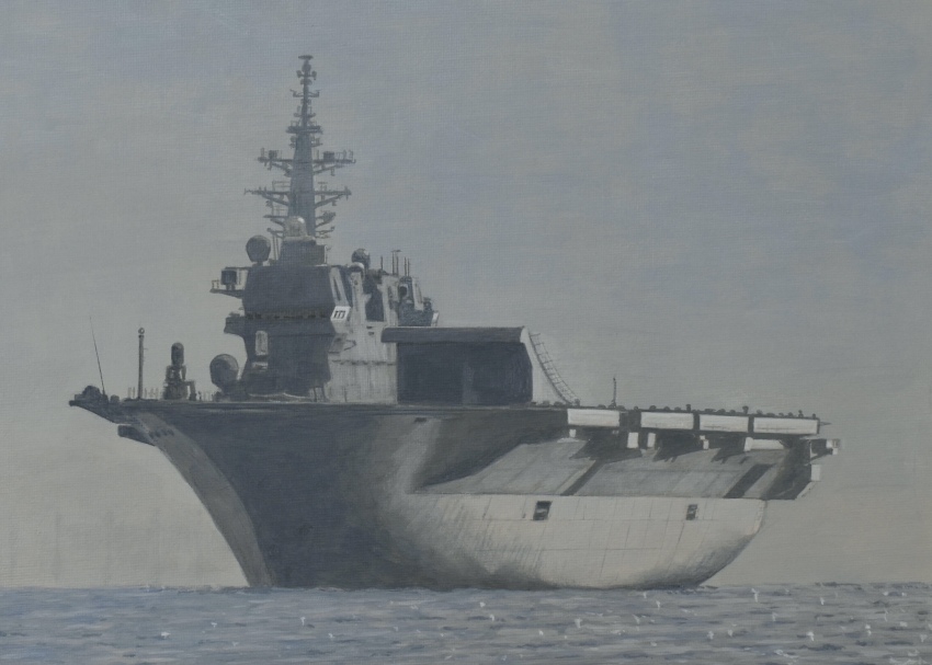 acrylic_paint_(medium) aircraft_carrier atelier_bono commentary highres japan_maritime_self-defense_force japan_self-defense_force js_izumo_(ddh-183) mast military military_vehicle no_humans ocean original painting_(medium) radar ship sky traditional_media vehicle_focus warship watercraft