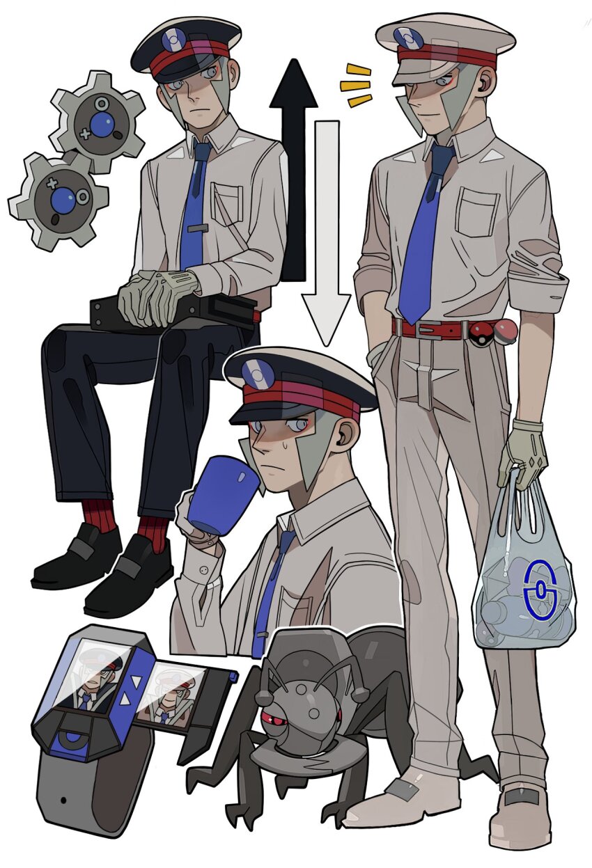 2boys :/ arrow_(symbol) bag belt belt_buckle black_footwear black_hat black_pants blue_necktie breast_pocket brothers buckle buttoned_cuffs buttons closed_mouth collared_shirt commentary cup durant emmet_(pokemon) gen_5_pokemon gloves grey_eyes grey_hair hand_in_pocket hat highres holding holding_bag holding_cup ingo_(pokemon) klang looking_to_the_side male_focus mug multiple_boys multiple_views necktie nintendo notice_lines pants peaked_cap plastic_bag pocket poke_ball poke_ball_(basic) pokemon pokemon_(creature) pokemon_bw poketch red_belt red_socks shirt short_hair siblings sideburns sideways_glance simple_background sitting sleeves_rolled_up smile socks suitcase sweat sweatdrop twins very_short_hair watch weirdrws white_background white_footwear white_gloves white_hat white_pants white_shirt wing_collar wristwatch