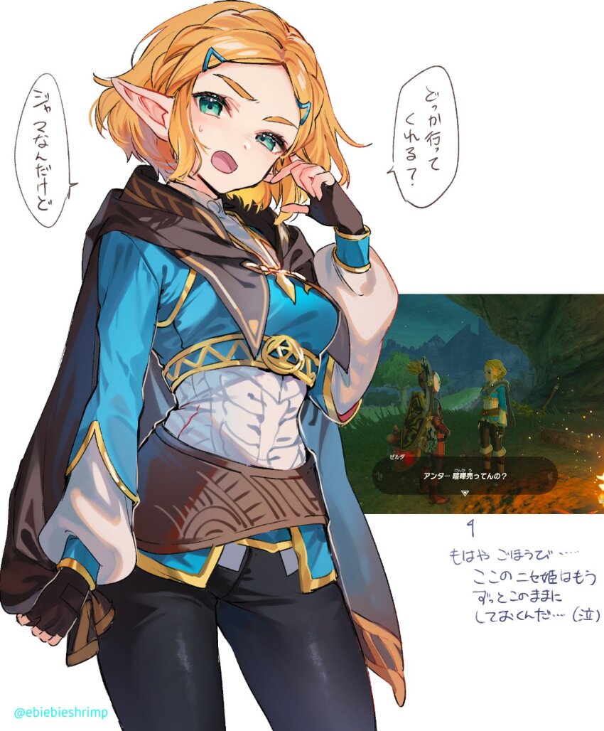 1boy 1girl blonde_hair blush braid fingerless_gloves game_screenshot gloves green_eyes hair_ornament hairclip highres link nintendo official_alternate_costume official_alternate_hair_length official_alternate_hairstyle open_mouth parted_bangs pointy_ears princess_zelda scene_reference short_hair shuri_(84k) sidelocks solo_focus the_legend_of_zelda the_legend_of_zelda:_tears_of_the_kingdom yiga_clan