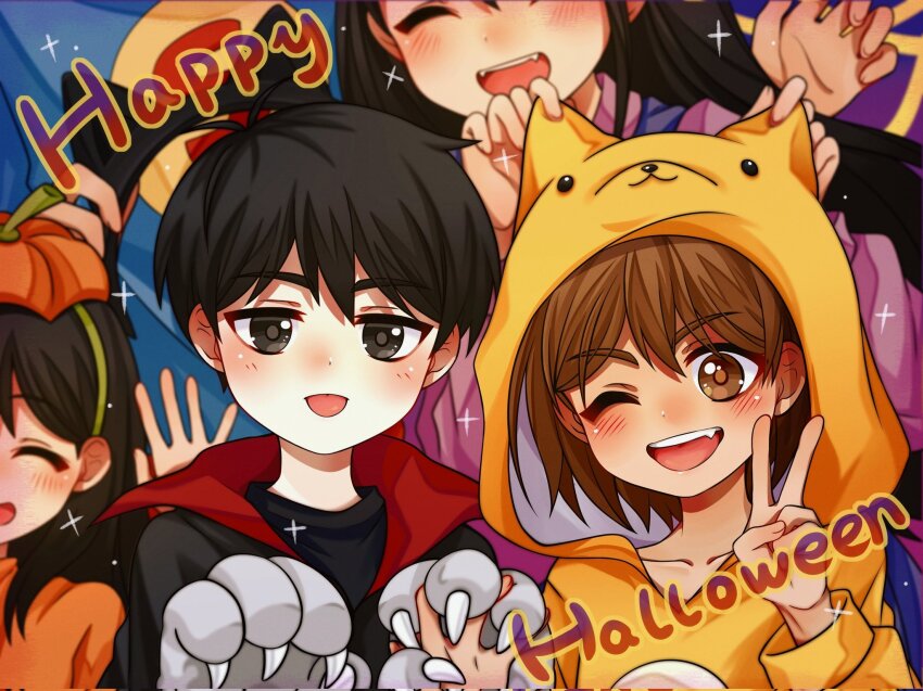 2girls 3boys :d ;d ^_^ aged_down animal_ear_hairband animal_ears animal_hands animal_hood antenna_hair aubrey_(faraway)_(omori) aubrey_(omori) black_eyes black_hair black_hairband blush bright_pupils brother_and_sister brothers brown_eyes brown_hair cat_ear_hairband cat_ears closed_eyes commentary dark-skinned_male dark_skin dog_hood english_commentary fake_animal_ears fang fangs fingernails gloves green_hairband hair_behind_ear hair_between_eyes hairband halloween halloween_costume head_out_of_frame hero_(faraway)_(omori) hero_(omori) highres holding_hairband holding_hands hood hood_up hoodie kel_(faraway)_(omori) kel_(omori) linglanjunying long_hair long_sleeves looking_at_viewer mari_(faraway)_(omori) mari_(omori) multiple_boys multiple_girls omori one_eye_closed open_mouth paw_gloves pink_shirt pumpkin_hat purple_background shirt short_hair siblings simple_background smile sparkle sunny_(omori) teeth tongue upper_body upper_teeth_only v yellow_hoodie