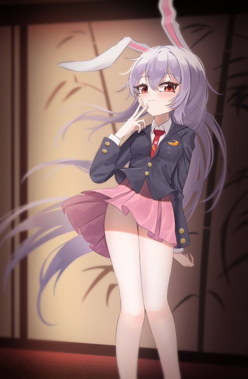 1girl :3 absurdres animal_ears black_jacket blush buttons carrot_pin collared_shirt crescent crescent_pin eientei fingers_to_cheek hair_between_eyes highres indoors jacket legs long_hair long_sleeves miniskirt necktie pink_skirt purple_hair rabbit_ears rabbit_pin red_eyes red_necktie reisen_udongein_inaba sana_(sanapri11) shirt sidelocks skirt solo standing touhou very_long_hair white_shirt wind wind_lift