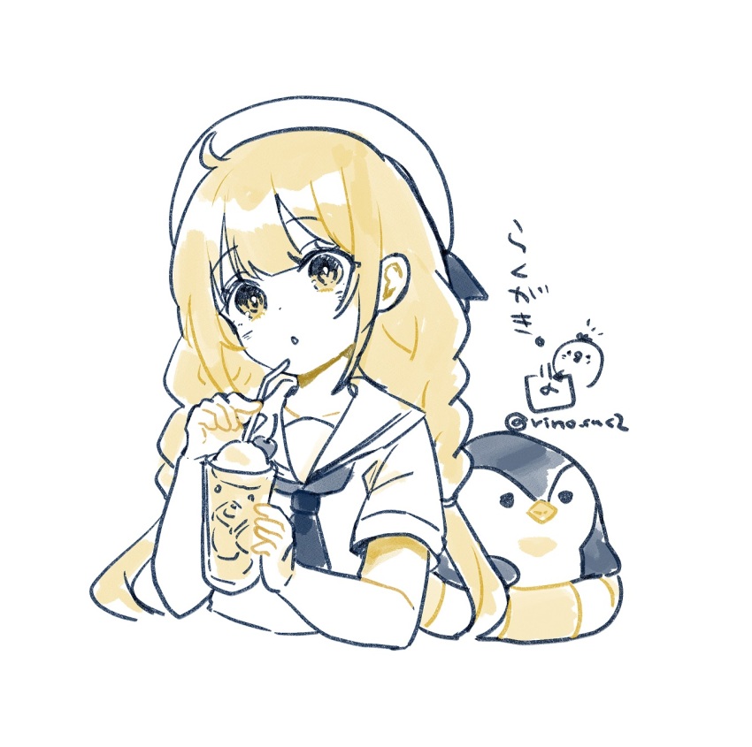 1girl ahoge animal bendy_straw beret bird black_neckerchief braid brown_eyes brown_hair commentary_request cropped_torso cup drinking_glass drinking_straw futaba_anzu hat highres holding holding_cup idolmaster idolmaster_cinderella_girls idolmaster_cinderella_girls_starlight_stage innertube long_hair low_twintails neckerchief penguin rino_cnc sailor_collar shirt short_sleeves solo swim_ring translation_request twin_braids twintails twitter_username upper_body very_long_hair white_hat white_sailor_collar white_shirt