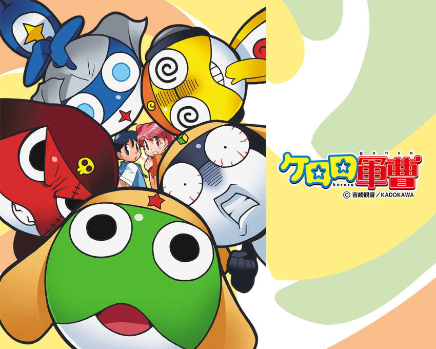 1girl 6+boys black_eyes black_hair copyright_name dororo_(keroro_gunsou) frog giroro glasses hat headphones hinata_fuyuki hinata_natsumi hood hoodie keroro keroro_gunsou kururu_(keroro_gunsou) long_hair looking_at_viewer mask multiple_boys ninja official_art official_wallpaper pink_eyes pink_hair shirt short_hair simple_background tamama yoshizaki_mine