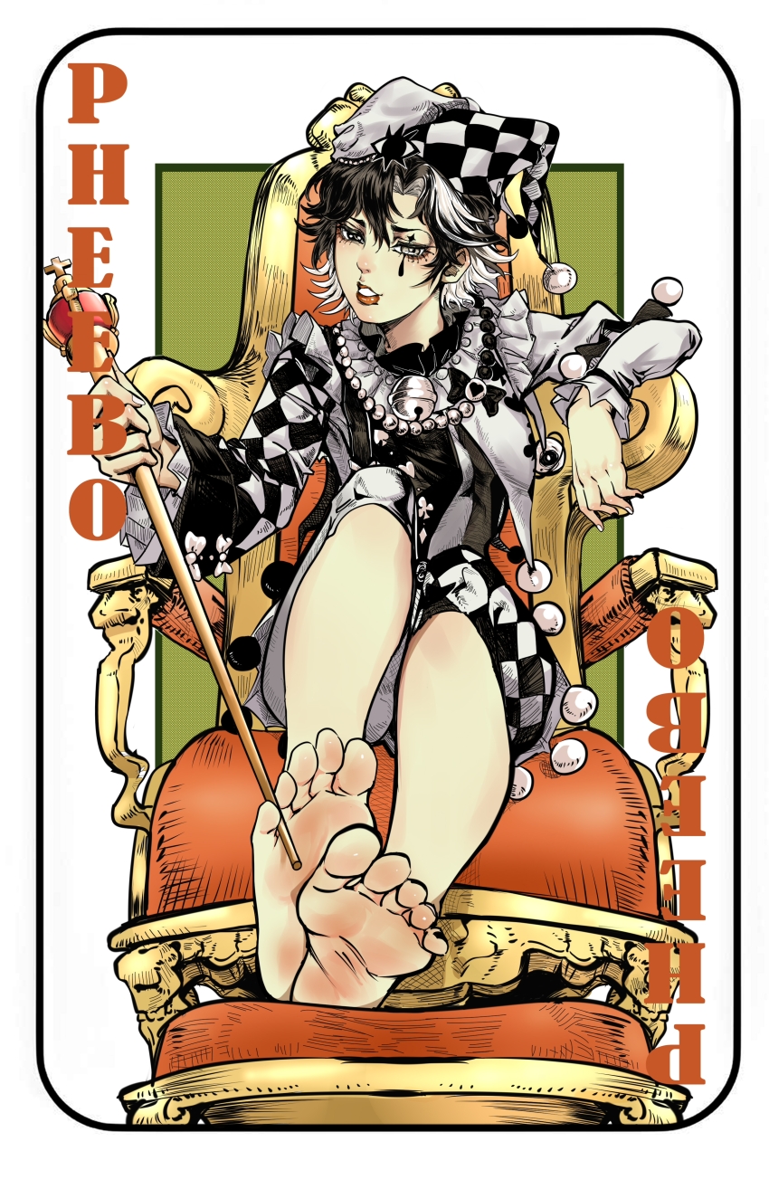 1girl absurdres barefoot black_eyes black_hair edke feet hat heterochromia highres jester jester_cap looking_at_viewer medium_hair multicolored_hair parted_lips soles staff_(weapon) toes two-tone_hair white_eyes white_hair