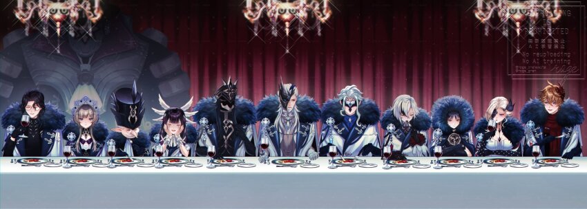 4girls 6+boys ahoge alcohol animal_ears arlecchino_(genshin_impact) arm_under_breasts armor ascot asymmetrical_bangs asymmetrical_sidelocks black_bodysuit black_collar black_feathers black_gloves black_hair black_hat black_helm black_mask black_sleeves blonde_hair blue_ascot blunt_bangs bodysuit bow bread_knife breasts butterfly_hair_ornament capitano_(genshin_impact) center-flap_bangs chandelier cleavage closed_eyes closed_mouth coat collar colored_tips columbina_(genshin_impact) crossed_arms cup curtained_hair curtains detached_collar diffraction_spikes dining_room dottore_(genshin_impact) dress eating elbow_gloves eye_mask eyeliner eyepatch eyeshadow facial_hair facing_viewer fatui_coat fatui_logo feathered_wings feathers food fork frilled_sleeves frills fur_collar fur_hood genshin_impact glass glasses gloves goatee gold hair_intakes hair_ornament hair_ribbon half_mask hands_on_own_face hat hat_feather head_wings highres holding holding_cup holding_fork holding_knife hood hood_up japanese_armor jewelry knife kote kurokote lapels large_breasts long_sidelocks long_table looking_at_another looking_at_viewer looking_to_the_side makeup mask mask_on_head mitsudomoe_(shape) multicolored_hair multiple_boys multiple_girls mustache neck_ring open_clothes open_coat open_mouth orange_hair pantalone_(genshin_impact) parted_bangs pierro_(genshin_impact) plate pointy_ears pointy_nose pulcinella_(genshin_impact) purple_eyes red_eyeliner red_eyeshadow red_lips red_mask red_scarf ribbon robot roge_gnsn sandrone_(genshin_impact) scaramouche_(genshin_impact) scarf short_hair_with_long_locks sidelocks signora_(genshin_impact) sitting smile spoon table tablecloth tartaglia_(genshin_impact) teeth tomoe_(symbol) top_hat tress_ribbon tsurime unamused upper_teeth_only watermark watermark_grid white_bow white_coat white_dress white_hair white_mask white_ribbon white_sleeves white_wings wine wings wispy_bangs wrist_bow x-shaped_eyewear