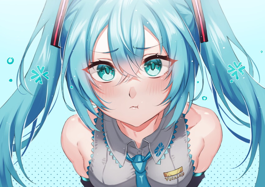 1girl :t anger_vein aqua_eyes aqua_hair aqua_necktie bare_shoulders blush breasts closed_mouth collarbone detached_sleeves grey_shirt hair_between_eyes hair_ornament hatsune_miku highres inue_ao long_hair looking_at_viewer looking_up medium_breasts necktie pout shirt simple_background sleeveless sleeveless_shirt solo twintails vocaloid