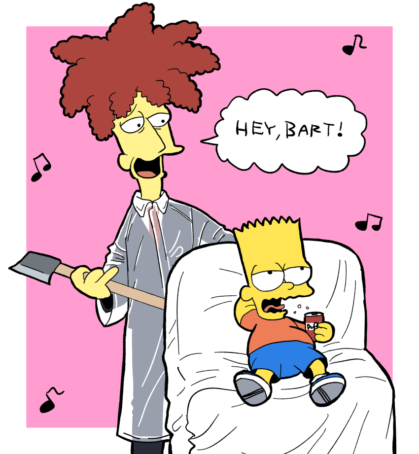 2boys american_psycho bart_simpson beer_can can colored_skin cosplay drink_can highres multiple_boys parody patrick_bateman patrick_bateman_(cosplay) sideshow_bob spchawanmushi the_simpsons yellow_skin