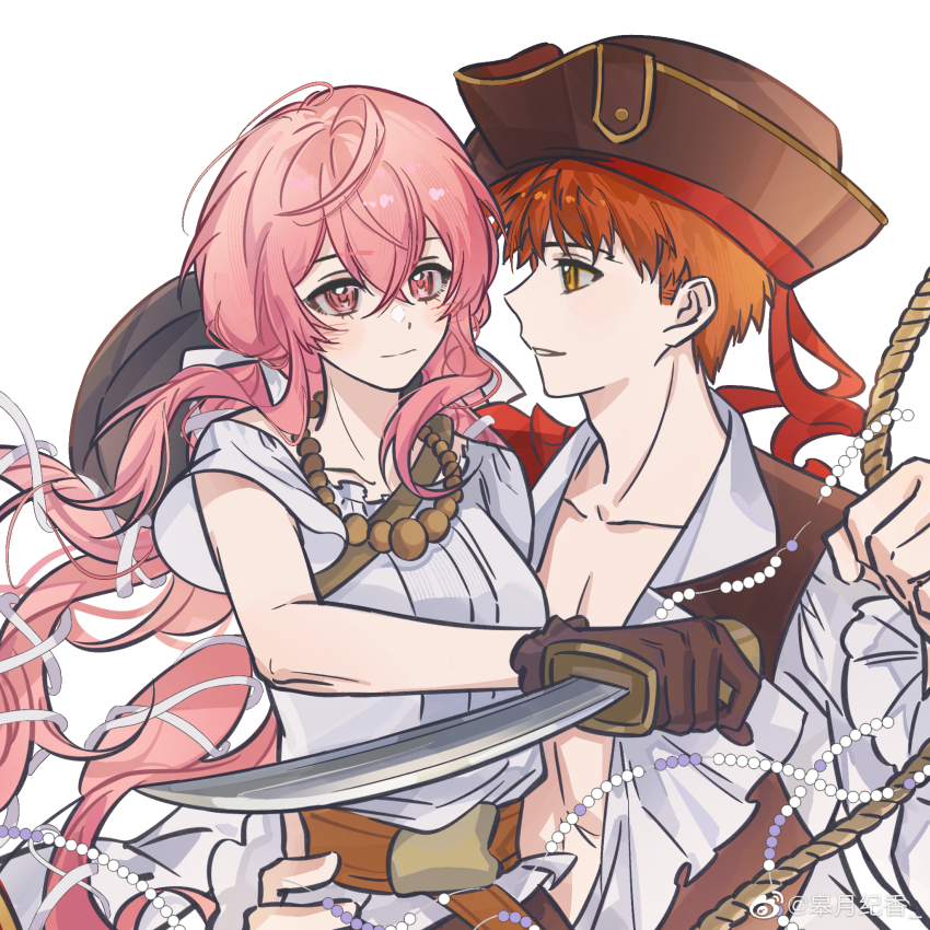 1boy 1girl antique_firearm ascot blush bow breasts cleavage couple cutlass dress emiya_shirou fate/stay_night fate_(series) firearm firelock flintlock gun hair_ornament hat highres hook_hand jolly_roger leather_belt long_hair momomiya_shizuku_(gaoyue_jixiang) multicolored_hair non-web_source oc_x_canon orange_hair original pink_eyes pink_hair pirate pirate_costume pirate_hat red_ascot red_hair see-through_cleavage see-through_clothes simple_background skull_and_crossbones skull_and_crossed_swords sleeveless sleeveless_jacket smile weapon
