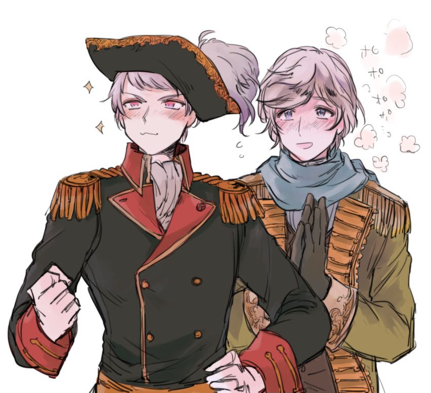 2boys ascot axis_powers_hetalia belt black_gloves black_hat black_jacket blue_eyes blue_scarf blush brown_vest buttons clenched_hand closed_mouth commentary_request epaulettes flying_sweatdrops gloves goro_nyanko green_jacket grey_hair hand_on_own_hip hand_up hat jacket lapels long_sleeves looking_at_another looking_to_the_side male_focus military_hat military_jacket military_uniform multiple_boys open_clothes open_jacket open_mouth orange_belt own_hands_together pink_eyes prussia_(hetalia) russia_(hetalia) scarf short_hair simple_background smile sparkle upper_body v-shaped_eyebrows vest white_ascot white_background