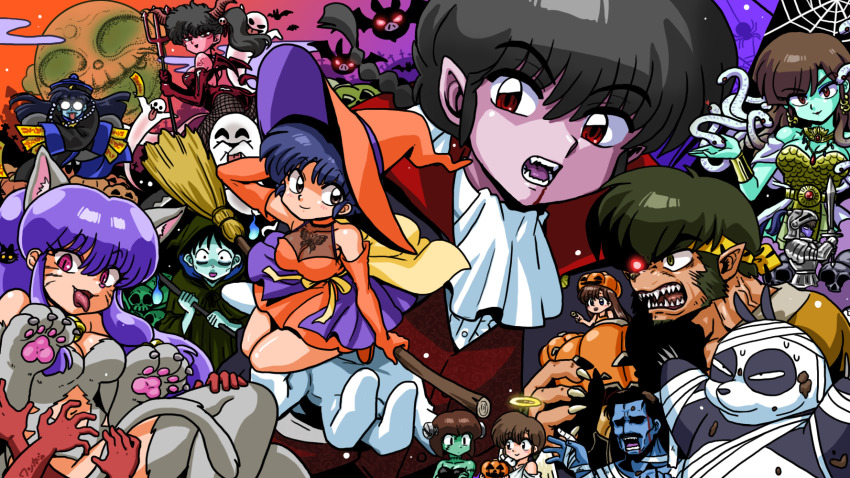 angel_wings animal_ears broom cat_ears cat_girl demon_girl ghost gosunkugi_hikaru halloween halo happosai hat hibiki_ryouga highres kunou_tatewaki kuonji_ukyou mousse_(ranma_1/2) ninomiya_hinako pumpkin ranma_1/2 saotome_genma saotome_ranma shampoo_(ranma_1/2) short_hair tendou_akane tendou_kasumi tendou_nabiki tendou_souun wanta_(futoshi) werewolf wings witch witch_hat zombie