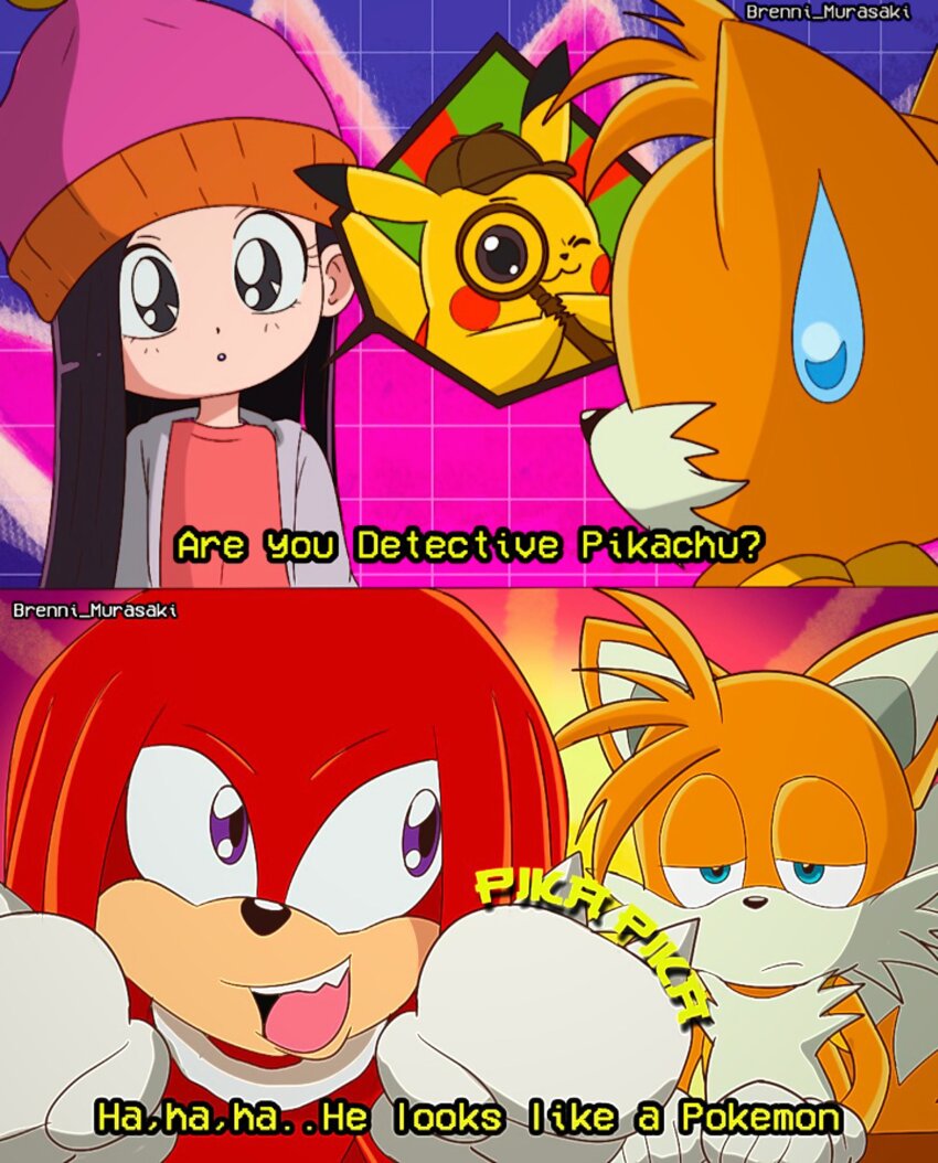 1990s_(style) backpack bag blonde_hair blue_eyes brenni_murasaki child detective_pikachu_(character) detective_pikachu_(series) echidna fangs fox game_freak gen_1_pokemon gloves hat jacket knuckles_the_echidna long_hair making_fun_of nintendo paramount_pictures pikachu pokemon purple_eyes red_fur red_hair retro_artstyle sega sitting sonic_(live_action) sonic_(series) sonic_the_hedgehog_3_(film) sweat sweatdrop tails_(sonic) warner_bros yellow_fur