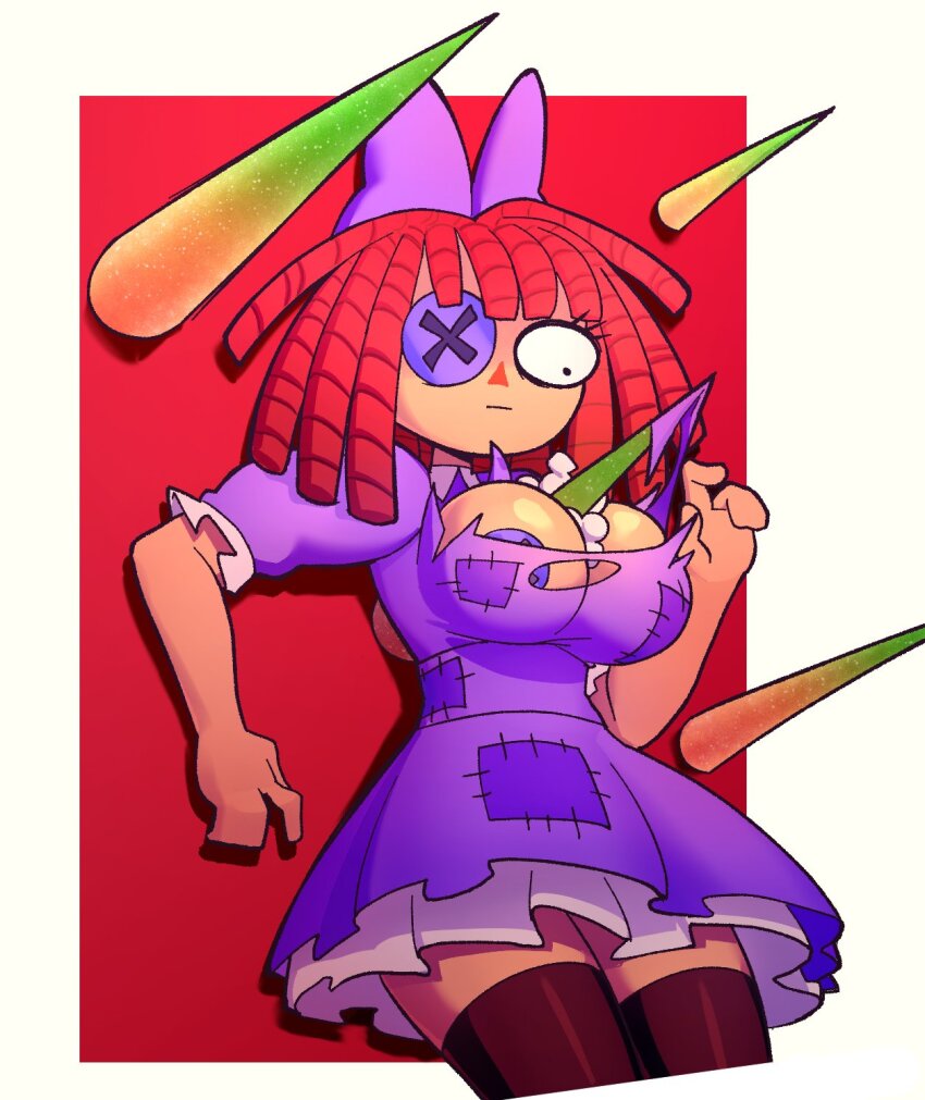 1girl against_wall blue_dress blush_stickers bow breasts button_eye buttons cleavage dress glitch_productions hair_bow highres large_breasts puffy_short_sleeves puffy_sleeves ragatha_(the_amazing_digital_circus) short_sleeves solo spikes stuffing the_amazing_digital_circus thighhighs