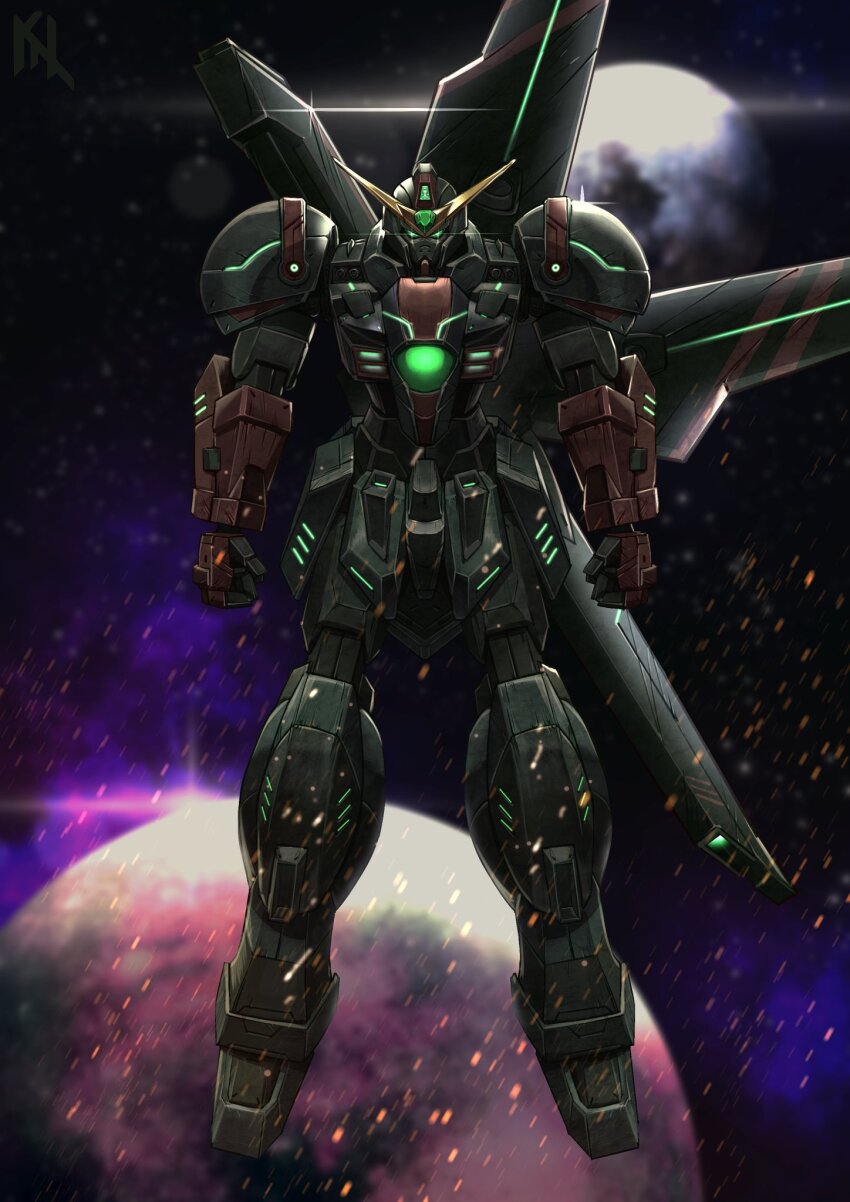 after_war_gundam_x arms_at_sides artist_logo clenched_hands commentary commission english_commentary full_body glint glowing glowing_eyes green_eyes gundam gundam_x highres logo looking_at_viewer mecha mobile_suit nebula no_humans original planet porukima redesign robot science_fiction solo space star_(sky) v-fin