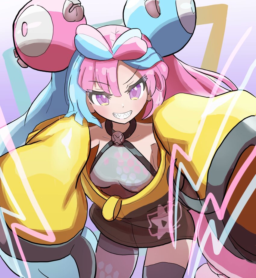 bow-shaped_hair character_hair_ornament fake_hair_bun grey_pantyhose hair_ornament hexagon_print highres iono_(pokemon) jacket multicolored_hair nintendo oversized_clothes pantyhose pokanine pokemon pokemon_sv sharp_teeth single_leg_pantyhose sleeves_past_fingers sleeves_past_wrists split-color_hair teeth two-tone_hair very_long_sleeves x yellow_jacket