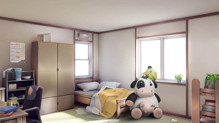 air_conditioner bed bedroom blanket book book_stack bookshelf bowl box cabinet calendar_(object) cardboard_box ceiling chair closet commentary crumpled_paper cup day desk doki_doki_literature_club english_commentary floor game_cg highres house indoors mug no_humans non-web_source paper picture_frame pillow plant potted_plant rug shelf snow_globe stuffed_animal stuffed_bird stuffed_cow stuffed_toy sunlight towel velinquent window window_shadow wooden_desk