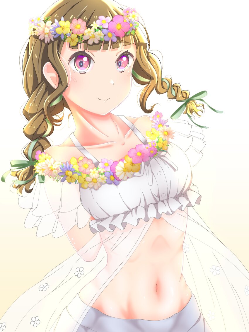 1girl absurdres arms_behind_back bare_shoulders bikini blunt_bangs blush breasts center-flap_bangs closed_mouth collarbone commentary_request flower flower-trimmed_bikini flower_wreath frilled_bikini frills gradient_background green_ribbon hair_ribbon her-bath-rium highres kachimachi_kosuzu link!_like!_love_live! long_hair looking_at_viewer love_live! medium_breasts navel off-shoulder_bikini off_shoulder official_alternate_costume pink_eyes pink_flower purple_flower ribbon ribbon_braid shirane_nanimo simple_background smile solo stomach swimsuit upper_body virtual_youtuber white_background white_bikini white_flower yellow_background yellow_flower