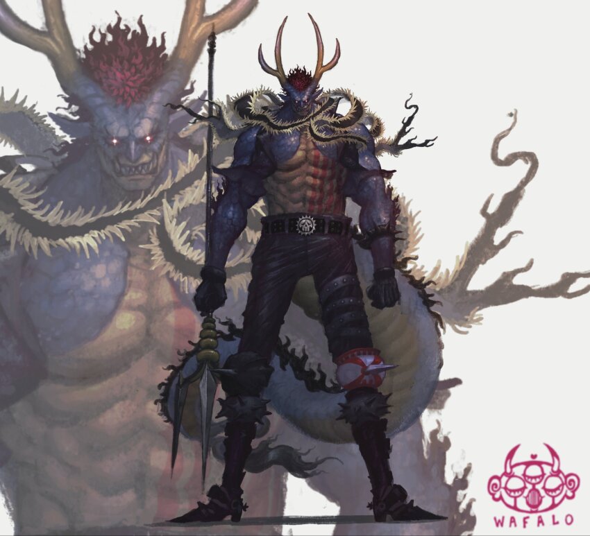 1boy acrylic_paint_(medium) alternate_universe armlet artist_logo black_boots black_gloves black_pants black_scarf blue_scales boots charlotte_katakuri dragon_boy dragon_horns dragon_tail fangs full_body gloves glowing glowing_eyes highres holding holding_polearm holding_weapon horns jewelry knee_boots knee_spikes logo looking_at_viewer male_focus muscular muscular_male one_piece painting_(medium) pants pink_hair polearm scarf sharp_teeth short_hair spiked_anklet spiked_armlet stomach_tattoo tail tattoo teeth topless_male traditional_media trident wafalo weapon zoom_layer