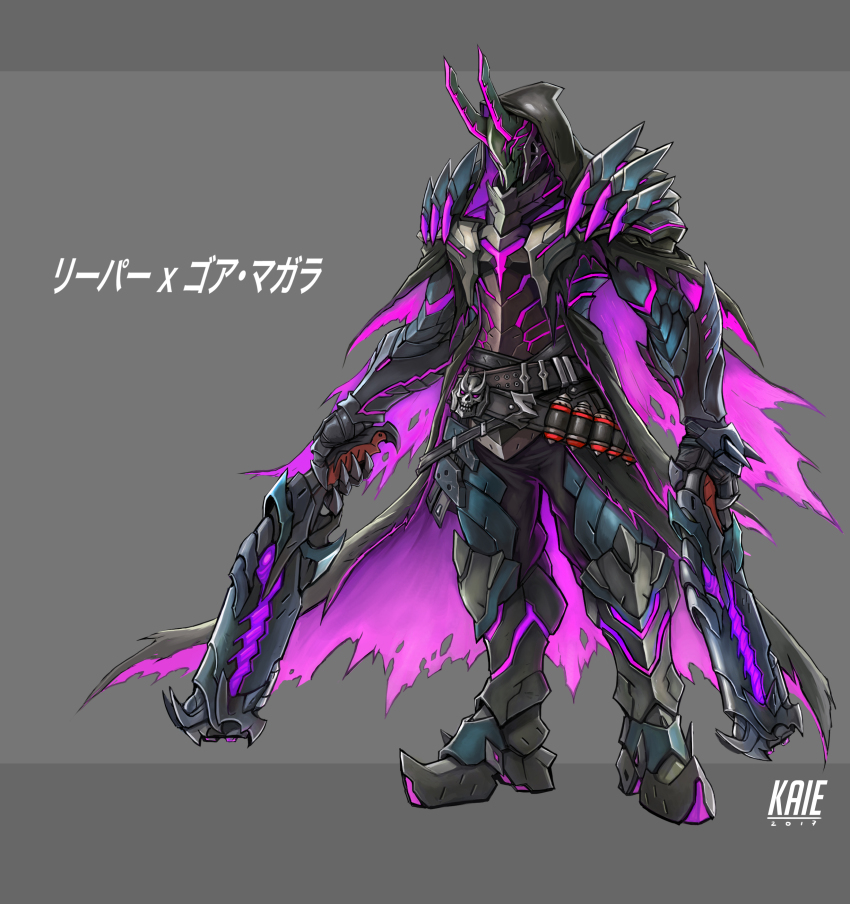 1boy absurdres alternate_costume ammunition_belt armor artist_name belt breastplate cape claws cosplay crossover dual_wielding full_armor full_body gauntlets gore_magala_(armor) grey_background gun helmet highres holding holding_gun holding_weapon hood horns kai_e male_focus monster_hunter_(series) overwatch overwatch_1 reaper_(overwatch) reaper_(overwatch)_(cosplay) simple_background solo standing weapon