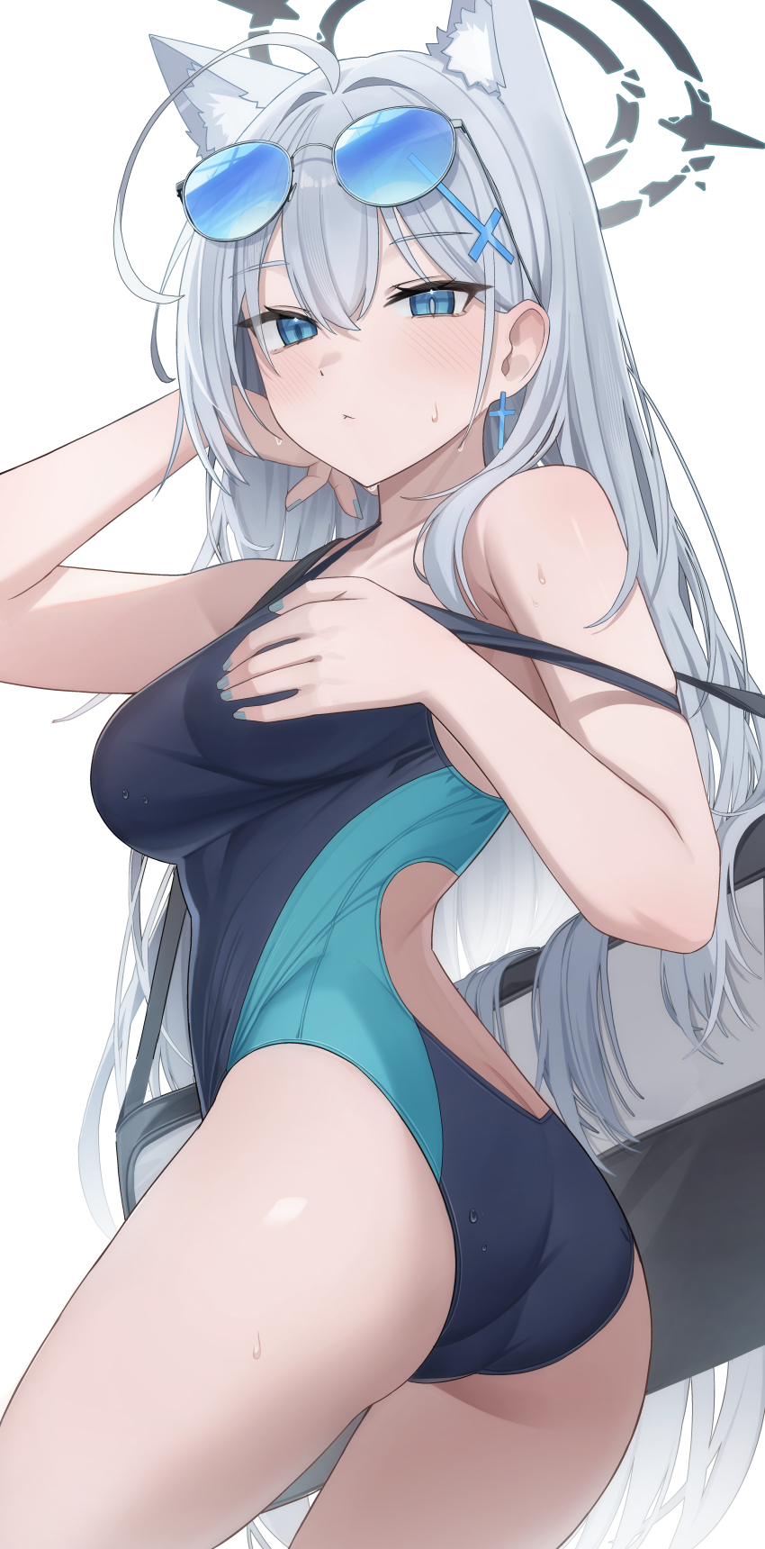 1girl absurdres animal_ear_fluff animal_ears bare_arms bare_shoulders blue_archive blue_eyes blue_nails blue_one-piece_swimsuit blush closed_mouth cross cross_earrings cross_hair_ornament earrings eyewear_on_head from_side grey_hair hair_ornament hand_in_own_hair hand_on_own_chest highres jewelry looking_at_viewer one-piece_swimsuit pang-yo shiroko_(blue_archive) shiroko_terror_(blue_archive) sunglasses sweatdrop swimsuit wolf_ears wolf_girl