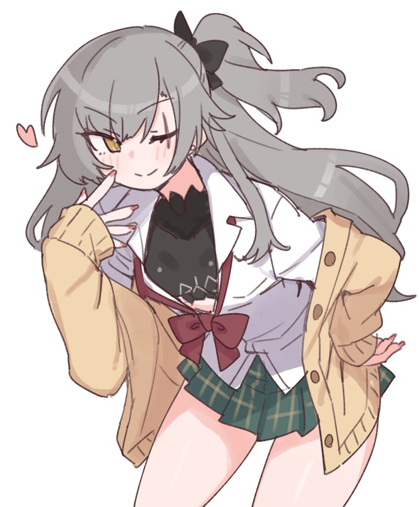 1girl absurdres alternate_costume black_bow blush bow bowtie cardigan closed_mouth collared_shirt cowboy_shot dress_shirt girls&#039;_frontline girls&#039;_frontline_2:_exilium grey_hair hair_bow heart highres leva_(girls&#039;_frontline_2) long_hair looking_at_viewer nikukabe one_eye_closed one_side_up partially_unbuttoned plaid_clothes plaid_skirt pleated_skirt red_bow red_nails scar scar_across_eye scar_on_face school_uniform shirt skirt smile solo ump45_(girls&#039;_frontline) undone_bowtie yellow_cardigan