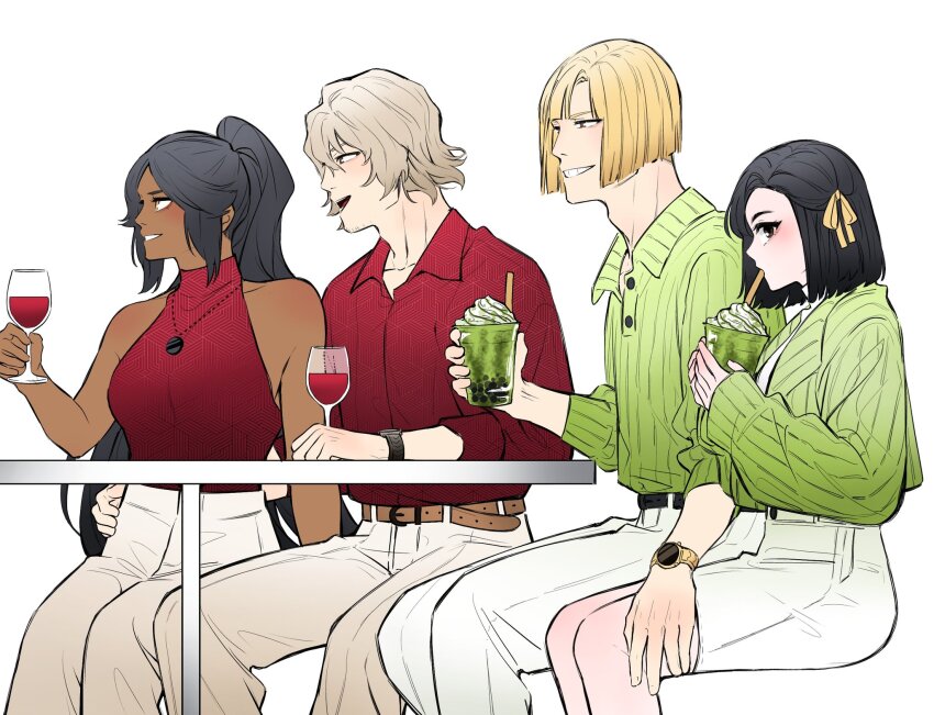 2boys 2girls alcohol black_hair bleach blonde_hair cup dark-skinned_female dark_skin dating drinking_glass green_shirt highres hinamori_momo hirako_shinji ioshiruko multiple_boys multiple_girls red_shirt shihouin_yoruichi shirt short_hair simple_background table urahara_kisuke wine wine_glass