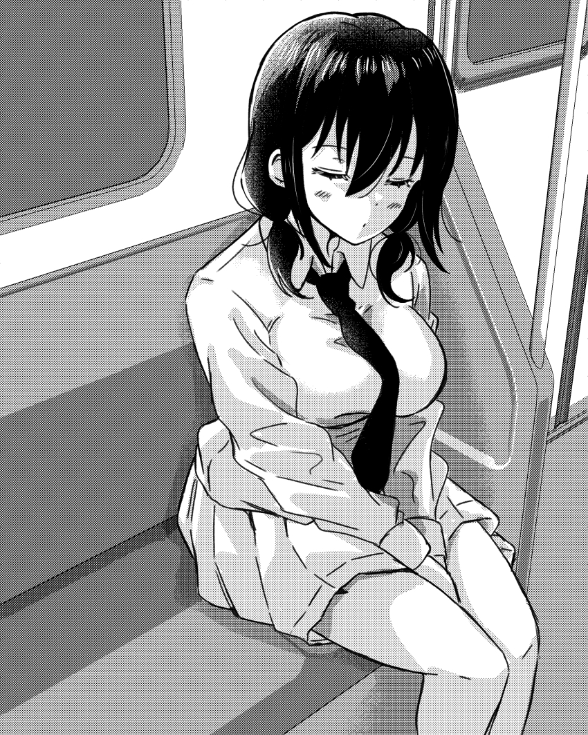 1girl absurdres alternate_breast_size between_legs blush breasts closed_eyes closed_mouth collared_shirt commentary_request greyscale halftone hand_between_legs highres large_breasts long_hair long_sleeves low_twintails miniskirt monochrome necktie own_hands_together pleated_skirt school_uniform seat shirt sitting skirt sleeping sleeping_upright solo tamura_yuri train_interior twintails v_arms wata9mm_no watashi_ga_motenai_no_wa_dou_kangaetemo_omaera_ga_warui!