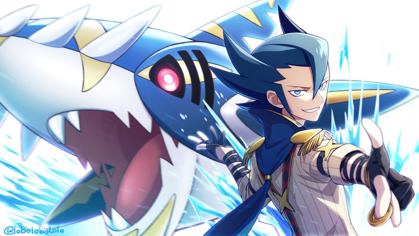 1boy artist_name black_gloves blue_eyes blue_hair coin commentary_request epaulettes gen_3_pokemon gloves grimsley_(pokemon) grimsley_(sygna_suit)_(pokemon) hair_between_eyes hands_up highres holding holding_coin looking_back mega_pokemon mega_sharpedo momoji_(lobolobo2010) nintendo official_alternate_costume pokemon pokemon_(creature) pokemon_masters_ex sharpedo shirt sleeves_rolled_up spiked_hair teeth upper_body water watermark